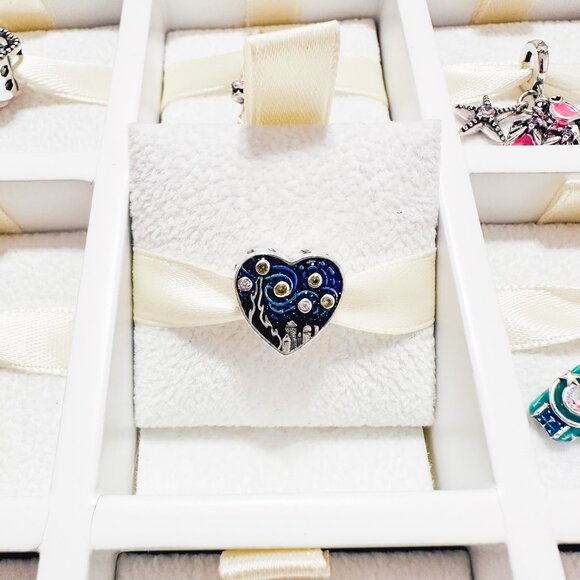925 Sterling Silver Van Gogh Starry Night Heart Charm Fits Charm Bracelets - Picture 1 of 8